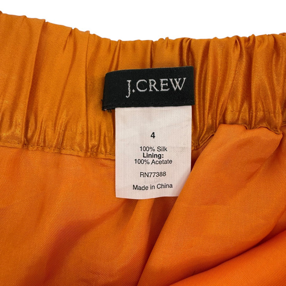 J Crew Mini Skirt 100% Silk Orange Size 4 Metallic Elastic Waist Pockets Classic - Picture 3 of 4